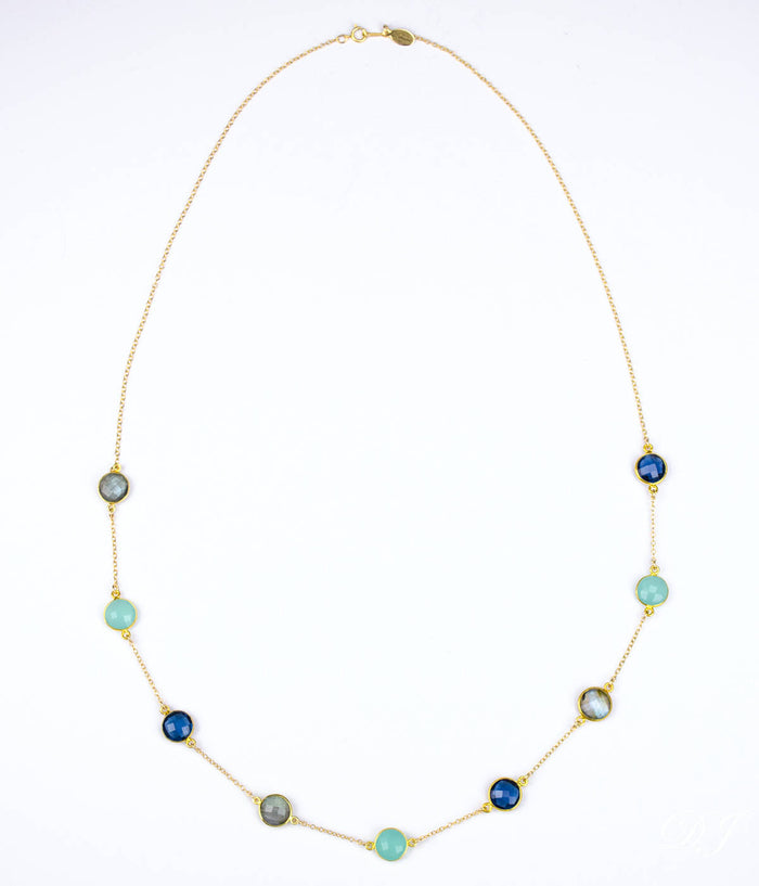 Long Aqua Chalcedony, Labradorite, Kyanite bezel station necklace