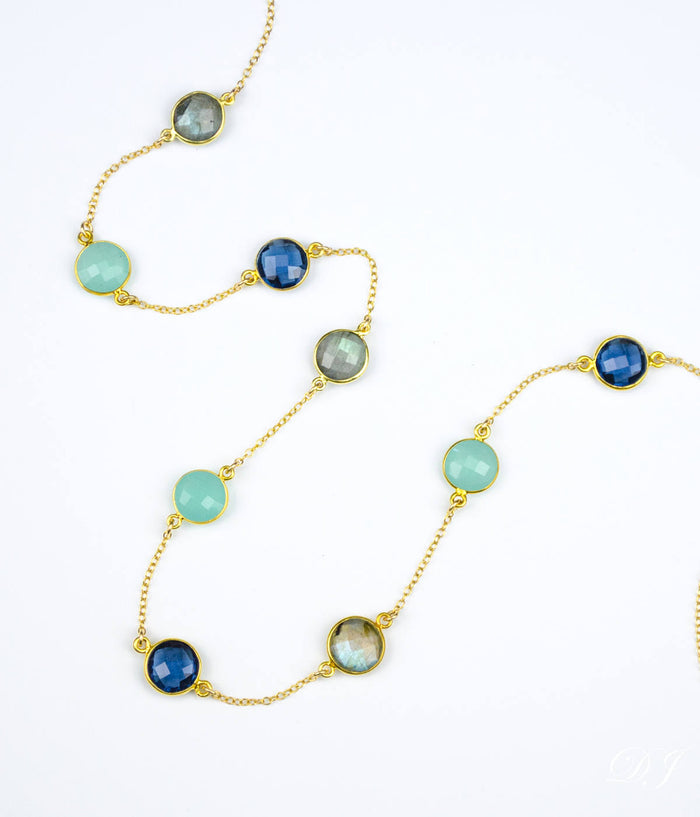 Long Aqua Chalcedony, Labradorite, Kyanite bezel station necklace