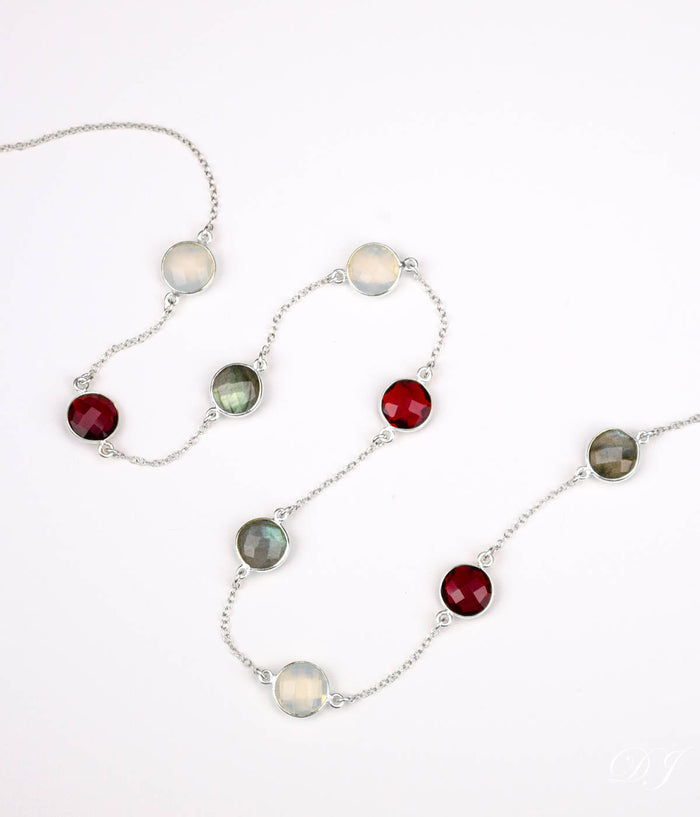 Long Garnet, Labradorite, Opalite bezel station necklace