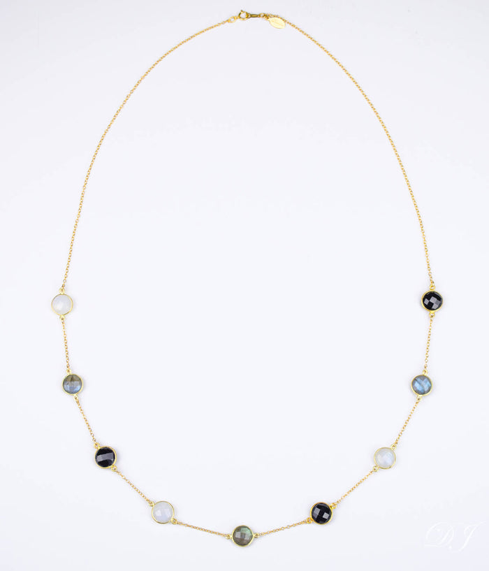 Long Labradorite, Moonstone and Black Onyx bezel station necklace
