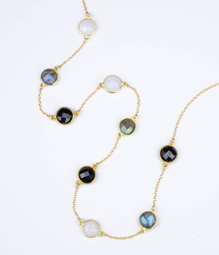 Long Labradorite, Moonstone and Black Onyx bezel station necklace