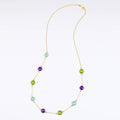 Long Purple Amethyst, Aqua Chalcedony and Peridot bezel station necklace