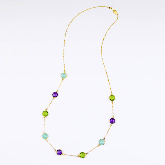 Long Purple Amethyst, Aqua Chalcedony and Peridot bezel station necklace