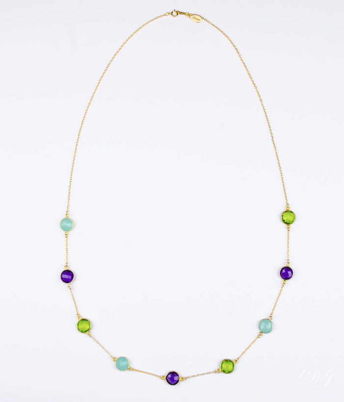 Long Purple Amethyst, Aqua Chalcedony and Peridot bezel station necklace