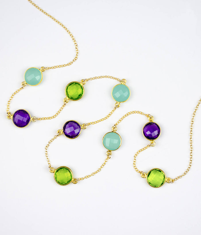Long Purple Amethyst, Aqua Chalcedony and Peridot bezel station necklace