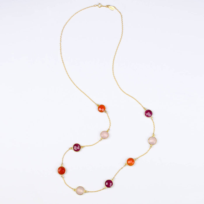 Long Ruby, Carnelian, Pink Quartz bezel station necklace