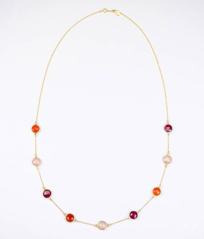 Long Ruby, Carnelian, Pink Quartz bezel station necklace