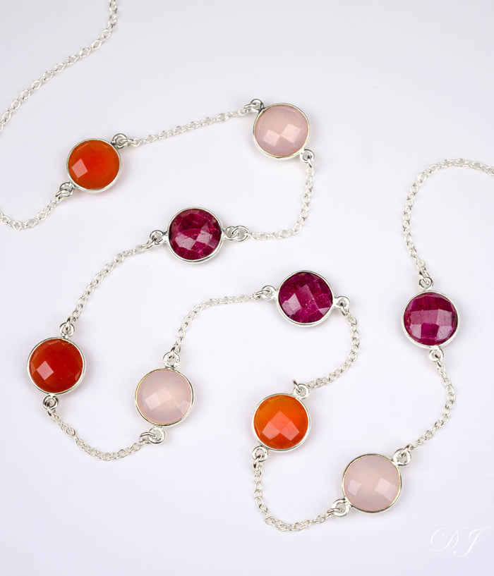 Long Ruby, Carnelian, Pink Quartz bezel station necklace