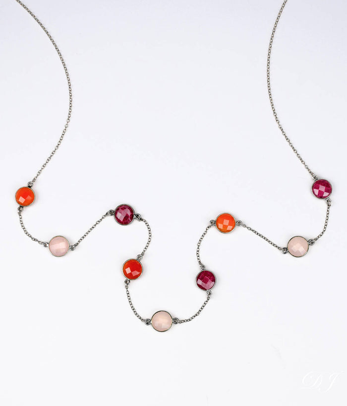 Long Ruby, Carnelian, Pink Quartz bezel station necklace