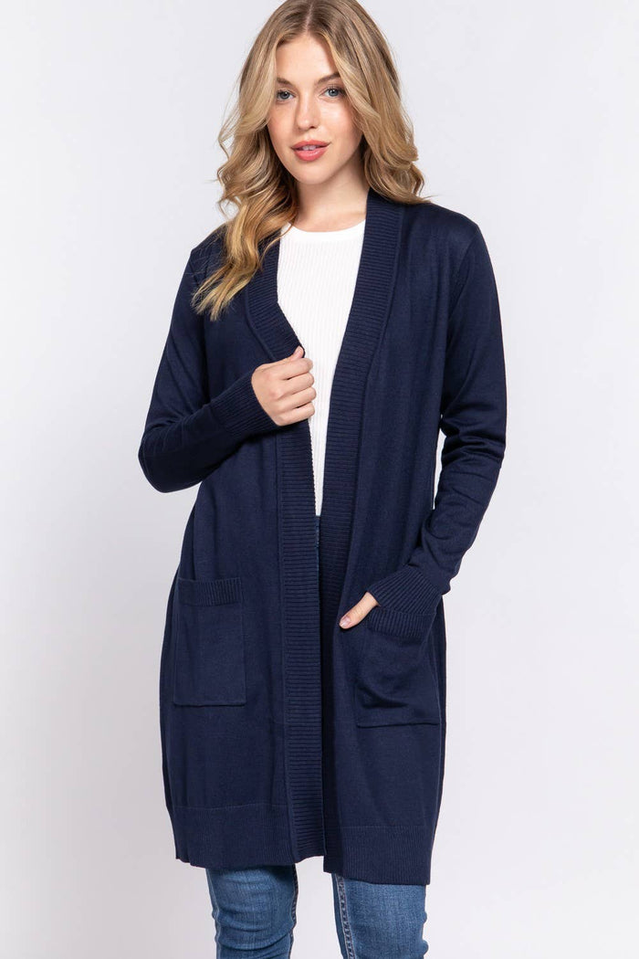 Long Sleeve Rib Banded Open Tunic Sweater Cardigan (charcoal grey)