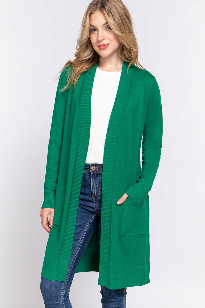 Long Sleeve Rib Banded Open Tunic Sweater Cardigan (charcoal grey)