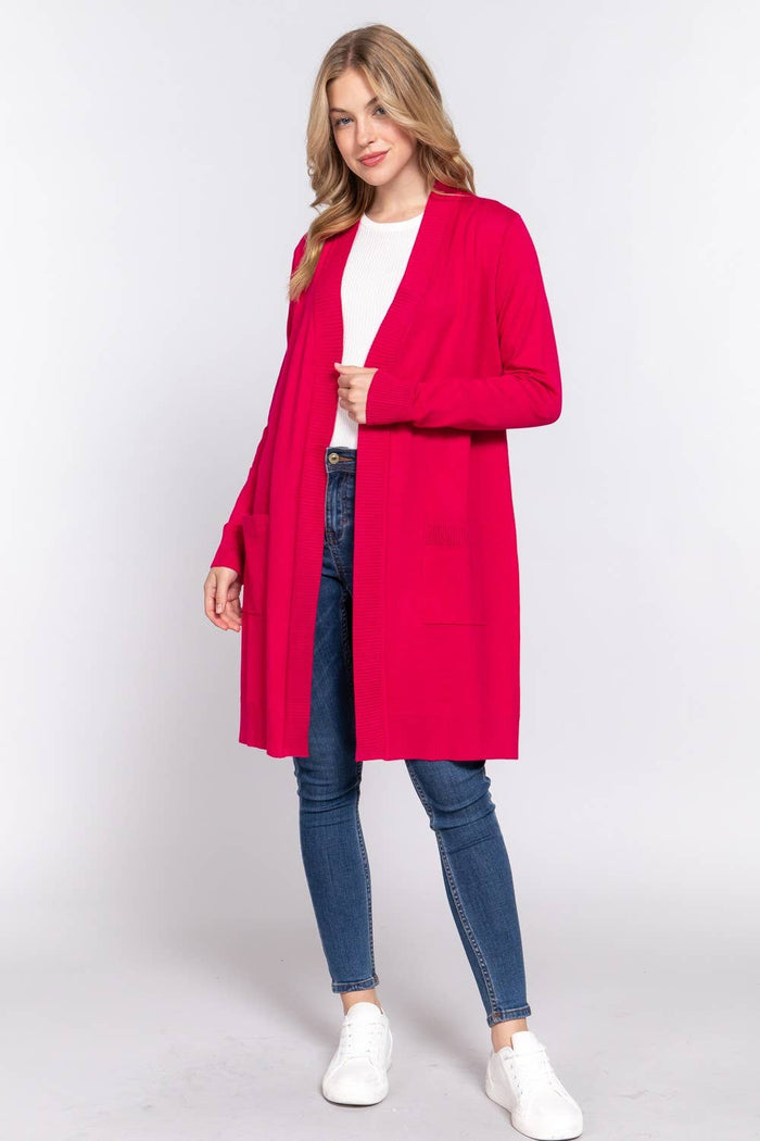 Long Sleeve Rib Banded Open Tunic Sweater Cardigan (charcoal grey)