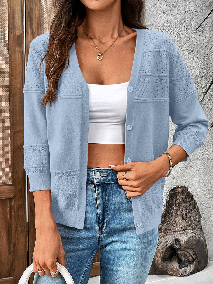 Long Sleeved Hollow Knitted V-neck Cardigan