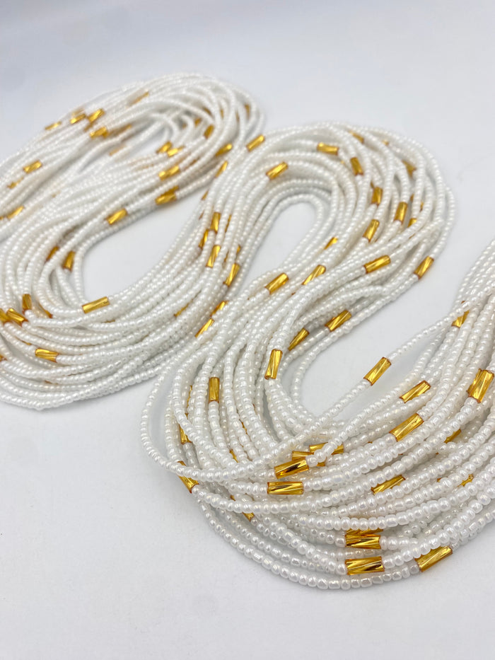 Luxury White & Gold Waist Beads | African Body Jewelry | Price per Waist Bead (45”-50”) – Tie-On