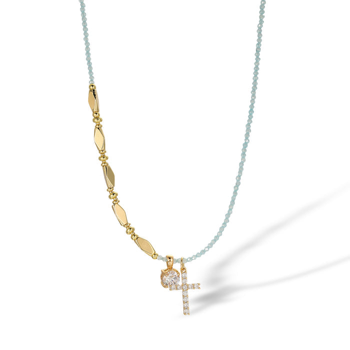 Maria Blue Crystal Cross Round Necklace