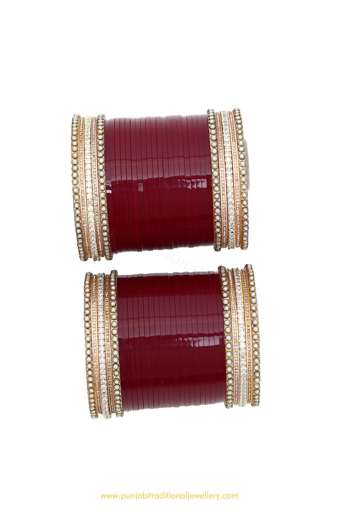Maroon Colour American Diamond Pearl Bridal Chura By PTJ