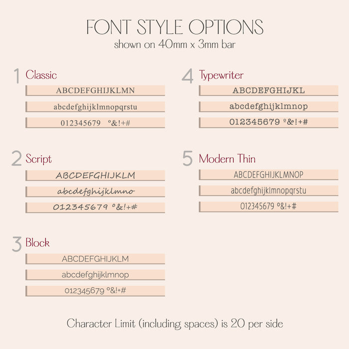 Typography chart displaying the engraving font options for the personalized mom keychain, including classic serif, script, modern thin, and typewriter styles. Customers can preview how names, initials, dates, or roman numerals will appear on the dainty 3D bar, ensuring the perfect look for their custom bar keychain with birthstones before ordering.