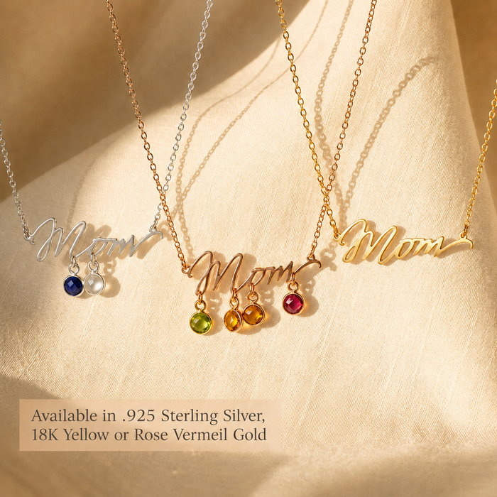 Gold, silver, and rose gold Mom necklaces with 6mm birthstone charms displayed together to show metal options.