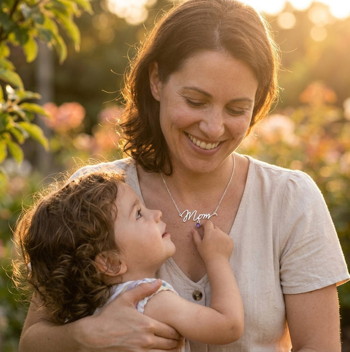 Mother and child lifestyle photo showing a personalized Mom birthstone necklace as a sentimental gift for mom.