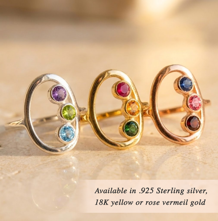 Elegant mother ring with three birthstones in sterling silver or in rose gold minimalist design