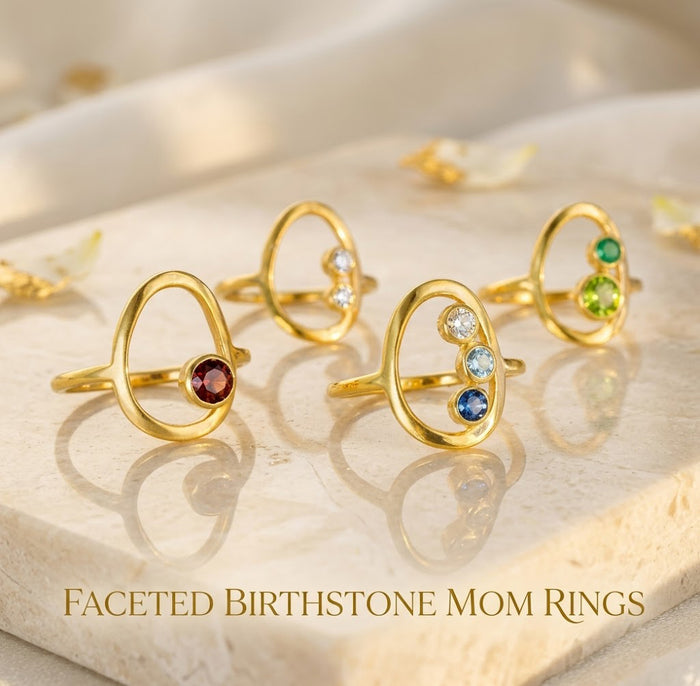Collection of Minimalist mom ring with custom birthstones in modern open oval style