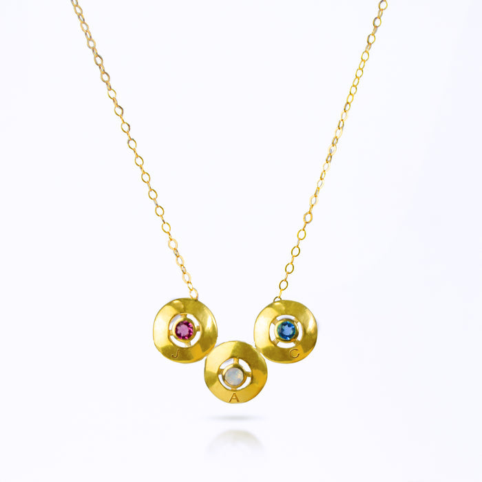 Cable Chain Necklace with Three Round Circle Pendants with July Birthstone Ruby, June Birthstone Moonstone, and September Birthstone Kyanite bezel set in the center of each pendant. Mom of Three Necklace, Kids Birthstone Necklace for Mom