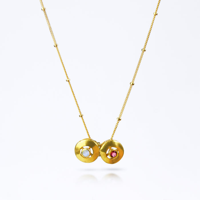 Cable Chain Necklace with Three Round Circle Pendants with July Birthstone Ruby, June Birthstone Moonstone, and September Birthstone Kyanite bezel set in the center of each pendant. Mom of Three Necklace, Kids Birthstone Necklace for Mom