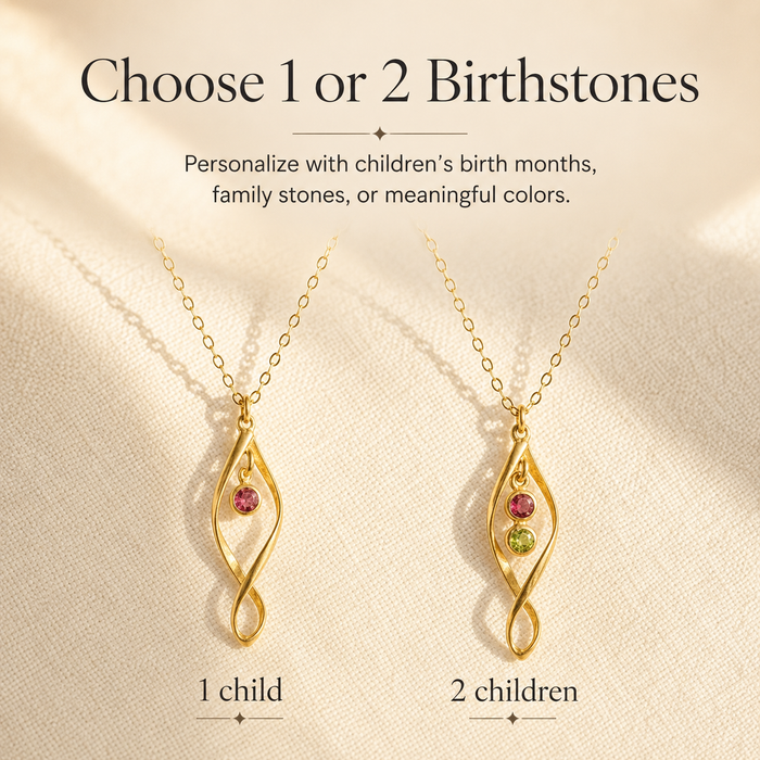 Choose 1 or 2 birthstones guide showing one-child and two-children necklace options for a personalized mom gift.