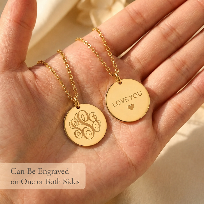 Personalized monogram necklace with optional back engraving, showing one side with initials and the reverse side with a short message.