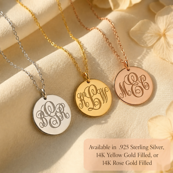 Monogram disc necklaces in sterling silver, yellow gold filled, and rose gold filled, showing engraved initial pendants in three metal options.