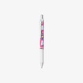 White pen with a colorful moomin design on the clip against a white background