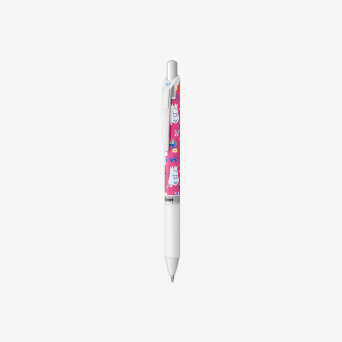 White pen with a colorful moomin design on the clip against a white background