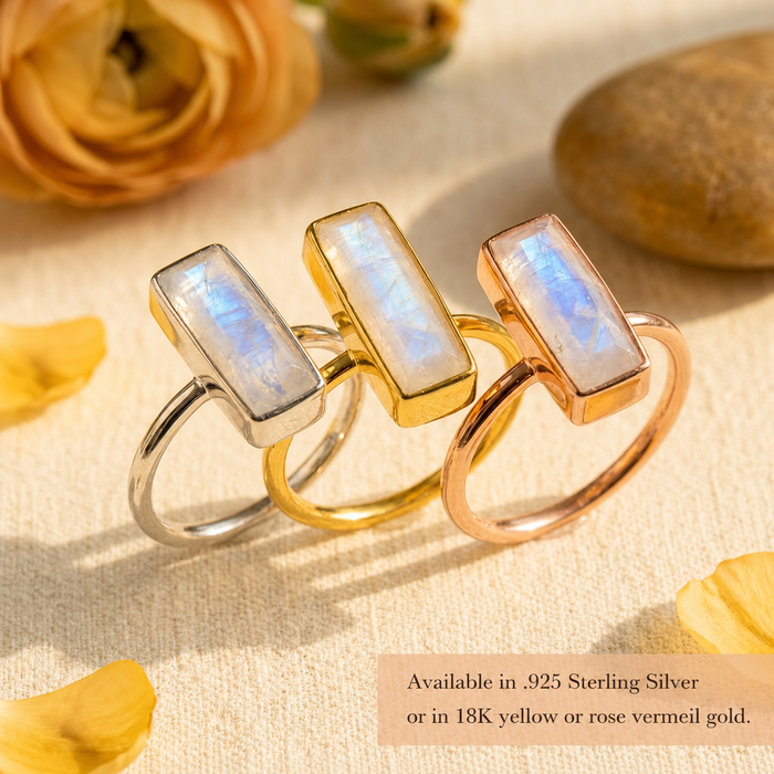 Moonstone bar rings in sterling silver, yellow gold, and rose gold vermeil finishes with text explaining available metal options.