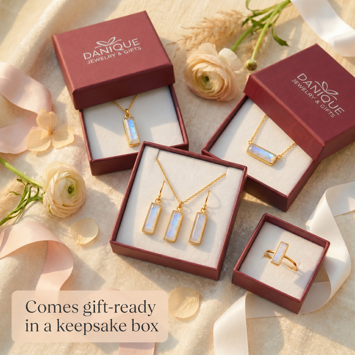 Danique Jewelry gift box with moonstone bar necklace, earrings, and matching jewelry pieces ready for gifting.