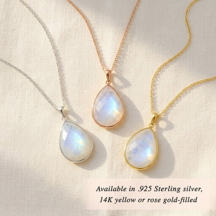 Moonstone necklaces in gold and sterling silver, June birthstone pendants in multiple shapes, dainty gemstone jewelry collection