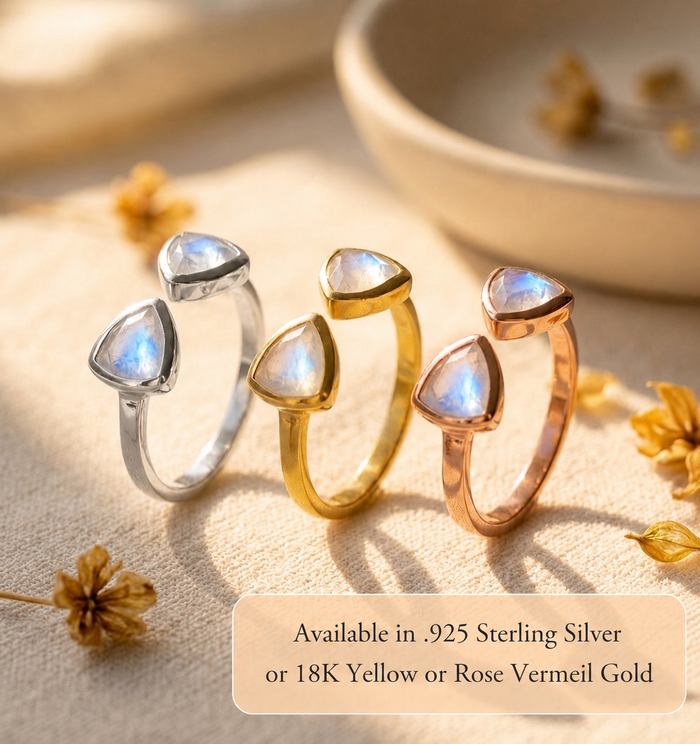 Moonstone triangle rings shown in sterling silver, yellow gold, and rose gold vermeil options.
