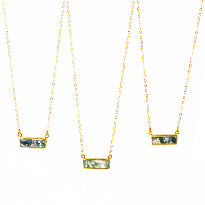 Three gold filled cable chain with horizontal moss agate adira bar necklace with secret engraving in our classic font on white background