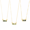 Three gold filled cable chain with horizontal moss agate adira bar necklace with secret engraving in our classic font on white background