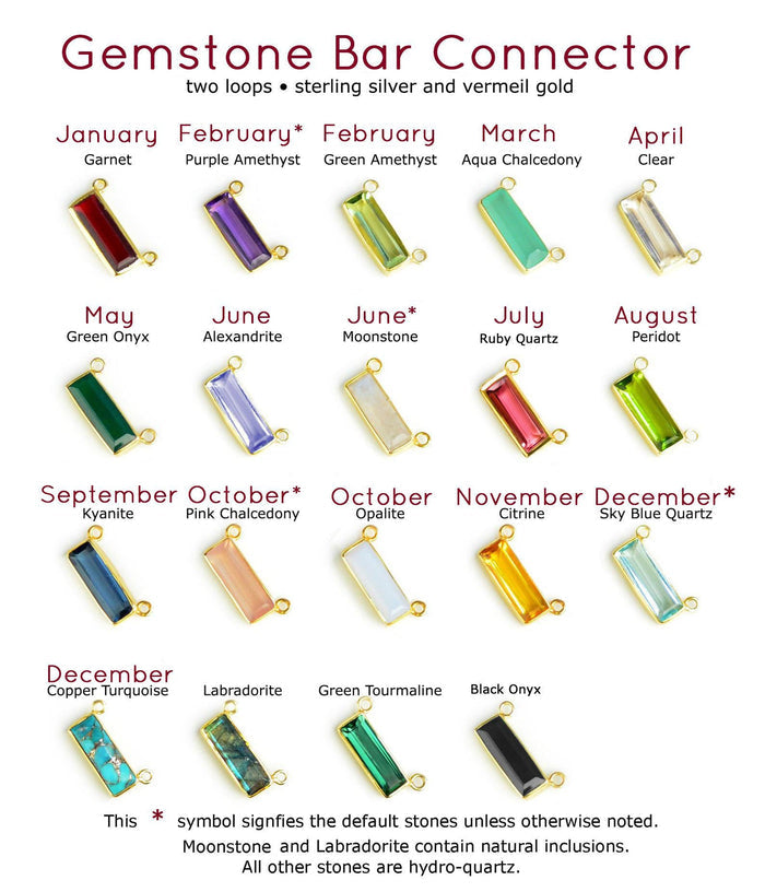 Adira gemstone bar connectors come in a variety of stone options including garnet, purple amethyst, green amethyst, aqua, clear, green onyx, alexandrite, moonstone, ruby, peridot, kyanite, pink chalcedony, opalite, citrine sky blue, copper turquoise, labradorite, green tourmaline, and black onyx. Moss agate.