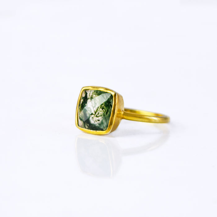Moss Agate gold plated cushion bezel square stacking ring on white background. Green ring, green gemstone, green birthstone, moss ring