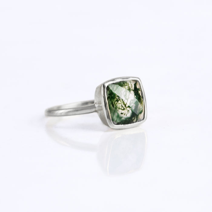 Sterling silver Moss Agate cushion bezel square stacking ring on white background. Green ring, green gemstone, green birthstone, moss ring