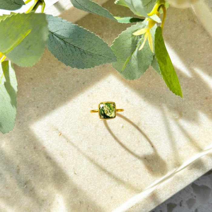 Moss Agate gold plated cushion bezel square stacking ring beige tray. Green ring, green gemstone, green birthstone, moss ring