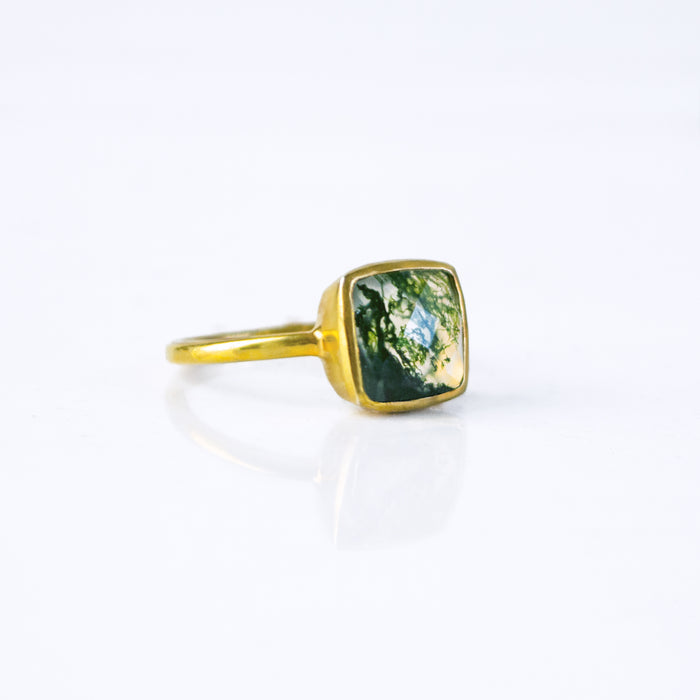 Moss Agate gold plated cushion bezel square stacking ring on white background. Green ring, green gemstone, green birthstone, moss ring, sterling silver