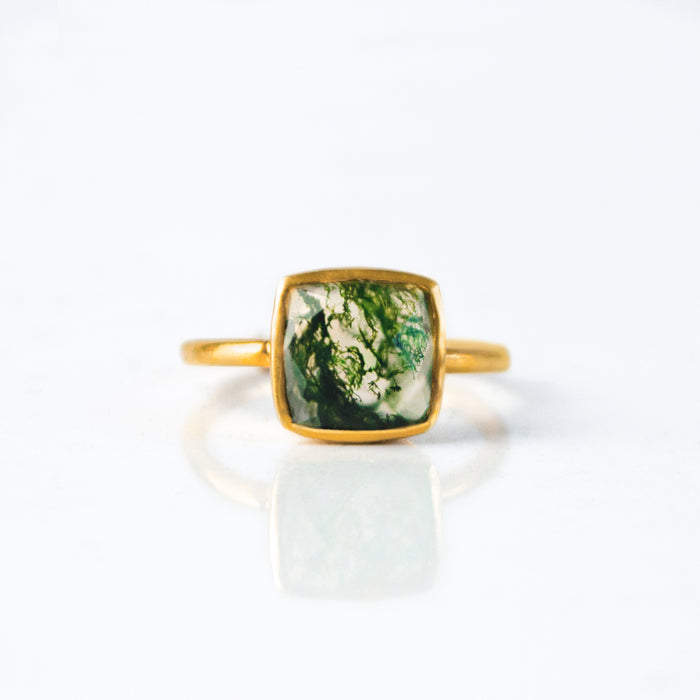 Moss Agate gold plated cushion bezel square stacking ring on white background. Green ring, green gemstone, green birthstone, moss ring