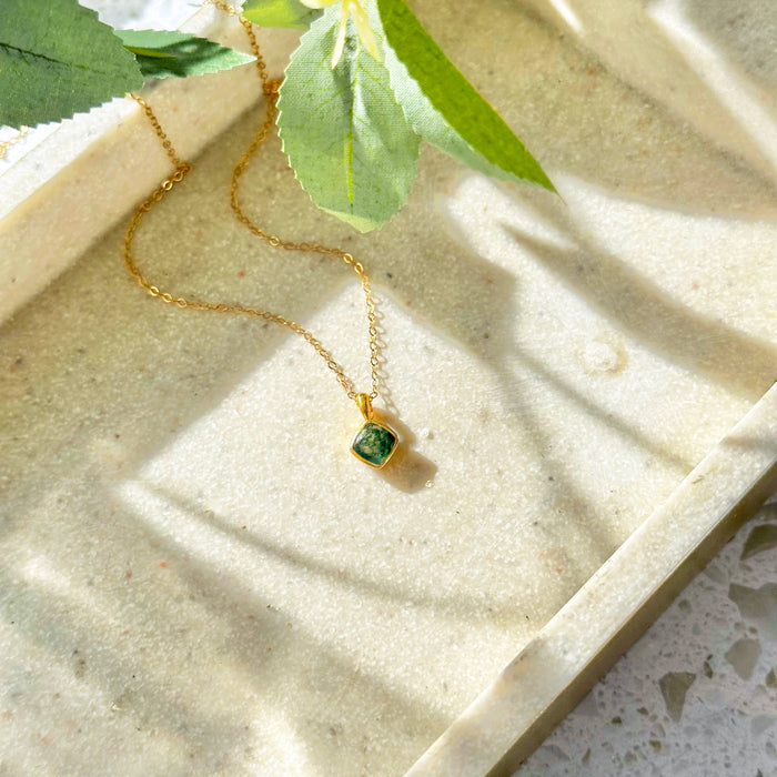 dainty gold necklace with cushion cut gemstone pendant, minimalist jewelry designed for everyday styling