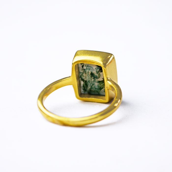 Bezel Set Large Rectangle Moss Agate Ring in 18K Vermeil Gold viewed from the back on a white background. Bezel Set Moss Agate Jewelry, Minimalist Moss Agate Ring, Nature Lovers Green Mossy Agate Jewelry, Gold Moss Agate Ring, Birthday Gift for Her