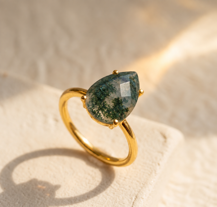 Moss Agate Teardrop Prong Set Ring, Virgo Birthstone May