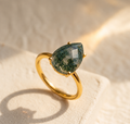 Moss Agate Teardrop Prong Set Ring, Virgo Birthstone May