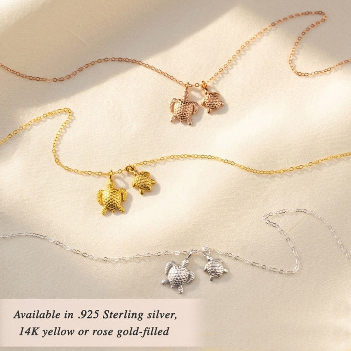 Turtle necklace available in sterling silver, yellow gold, and rose gold finishes, ocean-inspired jewelry for moms and turtle lovers.