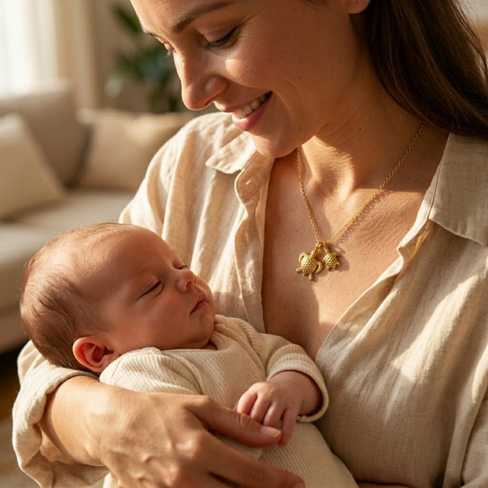 Gold sea turtle mother and baby necklace on delicate chain, a symbolic gift for Mother’s Day, baby showers, or new moms.